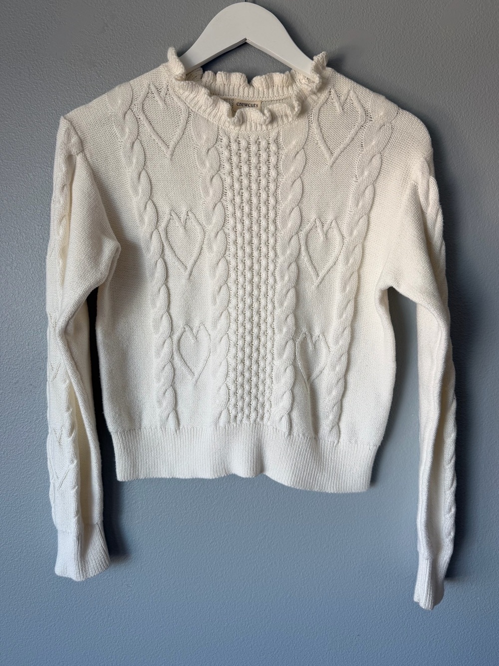 Crewcuts Factory cream white cable knit ruffle long sleeve sweater Girls’ 12-14y
